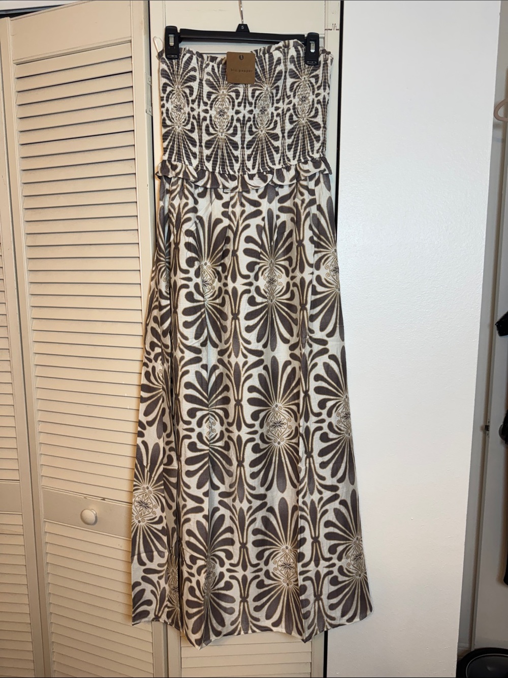 Blu Pepper Brown and Cream Floral Smocked Strapless Dress